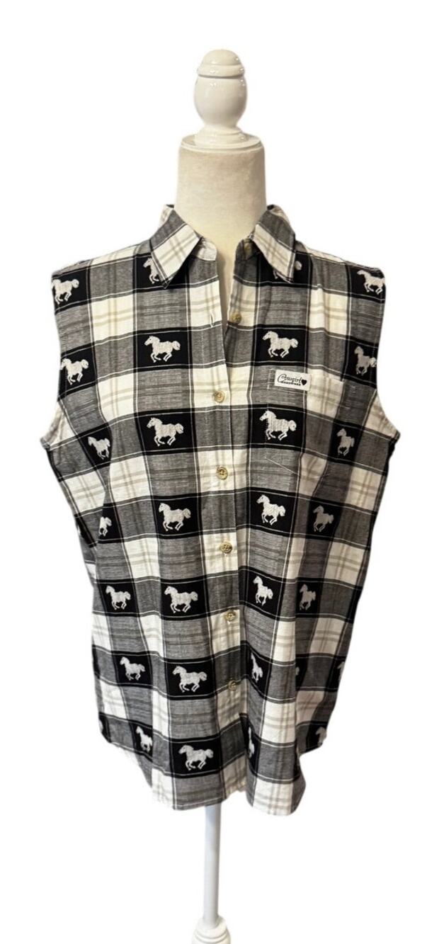 Cowgirl Hardware Horse Print Plaid Sleeveless Western Button Front Shirt LG